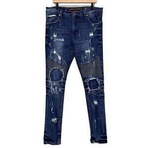 Heritage America Mens Jeans W38 L34 Distressed Patched Paint Moto Biker Hip Hop